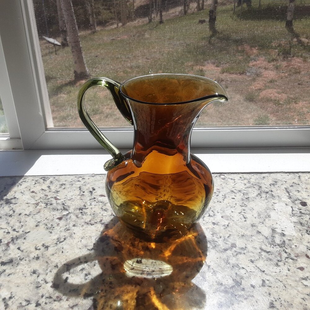 1960's Bischoff Kingston Pitcher Hand Blown Art Glass Green Amber Wayne Husted